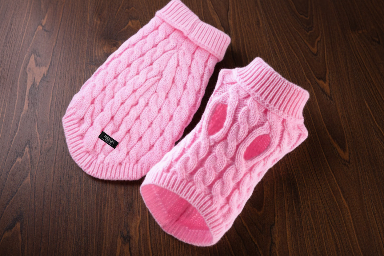 EXTRA WARM DOG AND CAT CABLE KNIT SWEATER - PINK